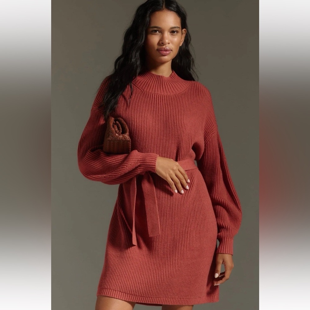 Maeve Long-Sleeve Mock-Neck Tie-Waist Mini Dress Large